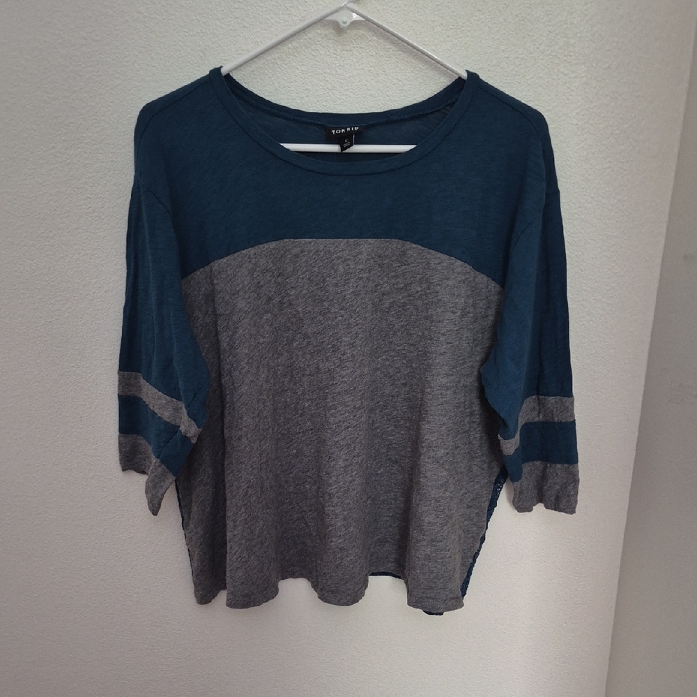 torrid Teal and Gray Colorblock Scoop-Neck Long Sleeve Top